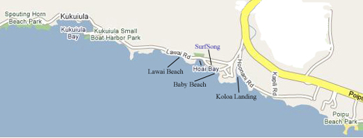 Map of Kukui'ula, Lawai Ho'ai Beach, Baby Beach, Poipu Beach Park